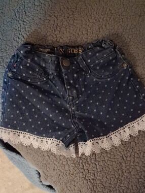 Vigoss Blue Polka Dot Denim Shorts with White Lace Trim